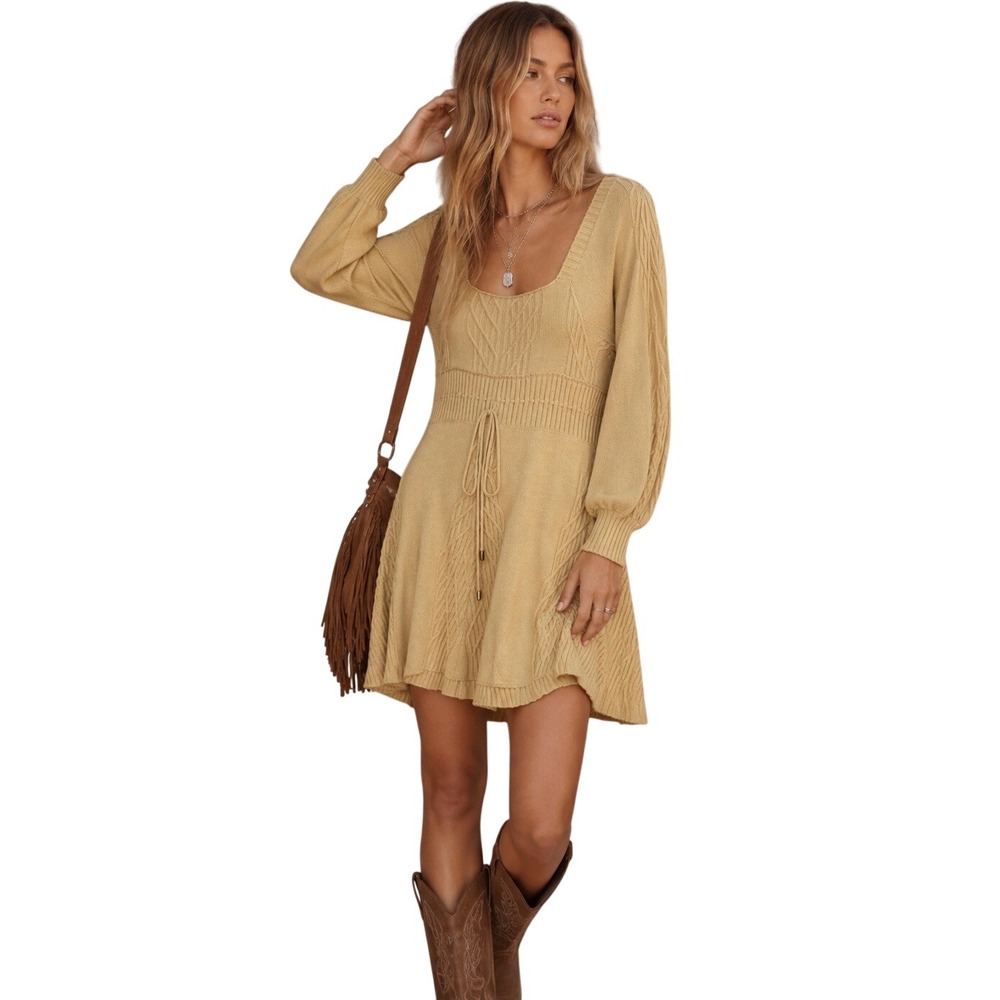 Free People Emmaline Mini Dress Sweater Olive Yellow Knit Keyhole Balloon XS